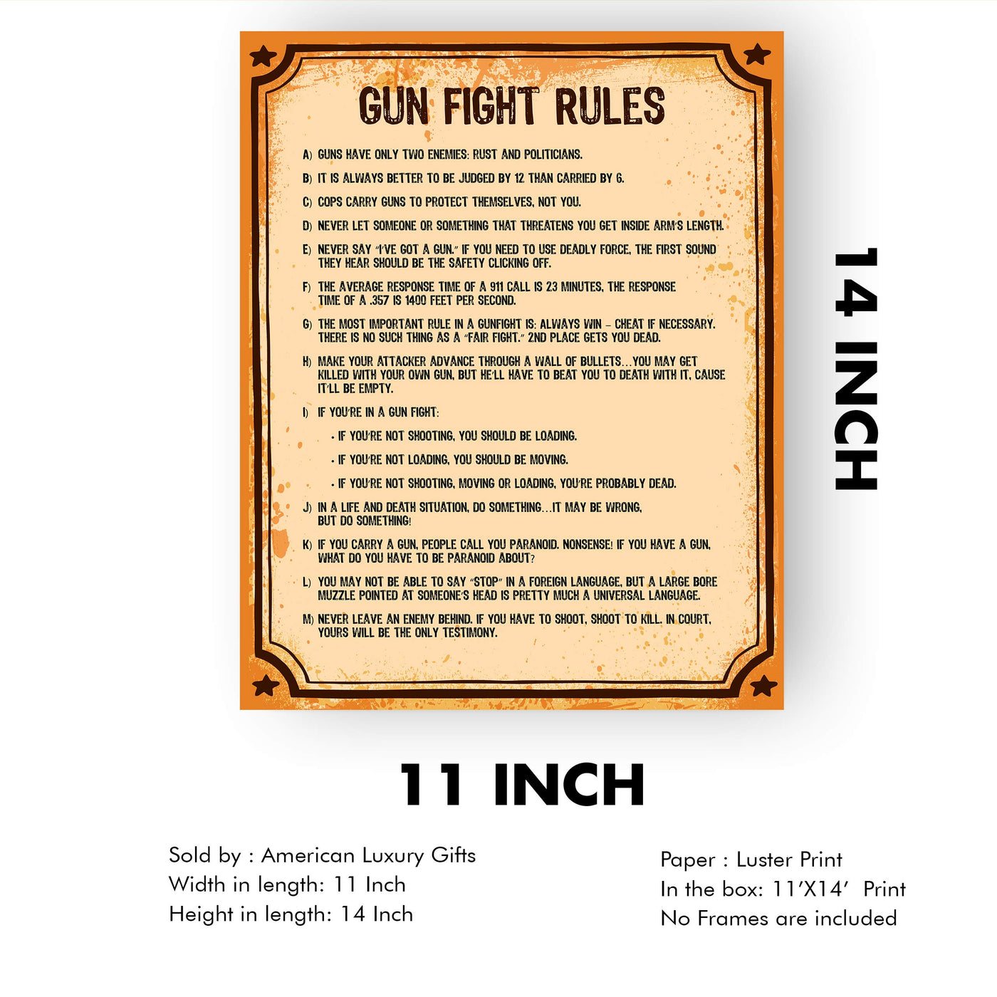 Gun Fight Rules-Pro-Second Amendment Wall Sign -11 x 14" Replica Distressed Patriotic Print-Ready to Frame. Home-Office-Military-Shop-Cave Decor. Perfect Gift for Veterans and All Gun Owners!