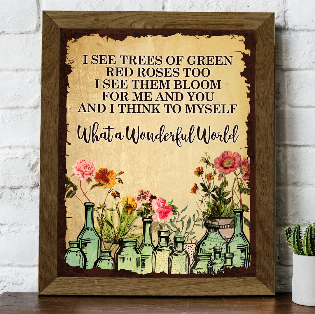 What A Wonderful World Song Lyric Wall Art -8 x 10" Floral Music Lyrics Print -Ready to Frame. Rustic Wood Design Decor for Home-Studio-Bar-Man Cave. Great Gift for Louie Armstrong &amp; All Jazz Fans!