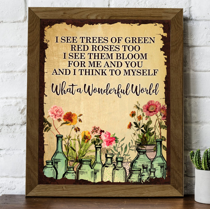 What A Wonderful World Song Lyric Wall Art -8 x 10" Floral Music Lyrics Print -Ready to Frame. Rustic Wood Design Decor for Home-Studio-Bar-Man Cave. Great Gift for Louie Armstrong &amp; All Jazz Fans!