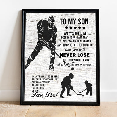 "To My Son -Never Lose- Win or Learn" Inspirational Family Wall Art Sign -11x14" Typographic Sports Poster Print -Ready to Frame. Loving Message for Any Son. Great Keepsake Gift Love Dad!