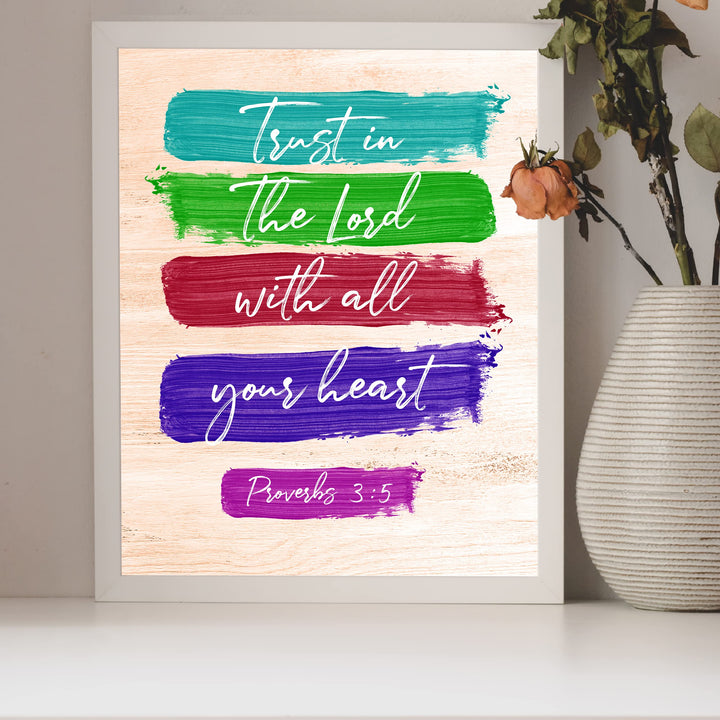 Trust In the Lord With All Your Heart- Bible Verse Wall Art -8 x 10" Scripture Painting Design Print -Ready to Frame. Inspirational Home-Office-Church Decor. Great Religious Gift! Proverbs 3:5