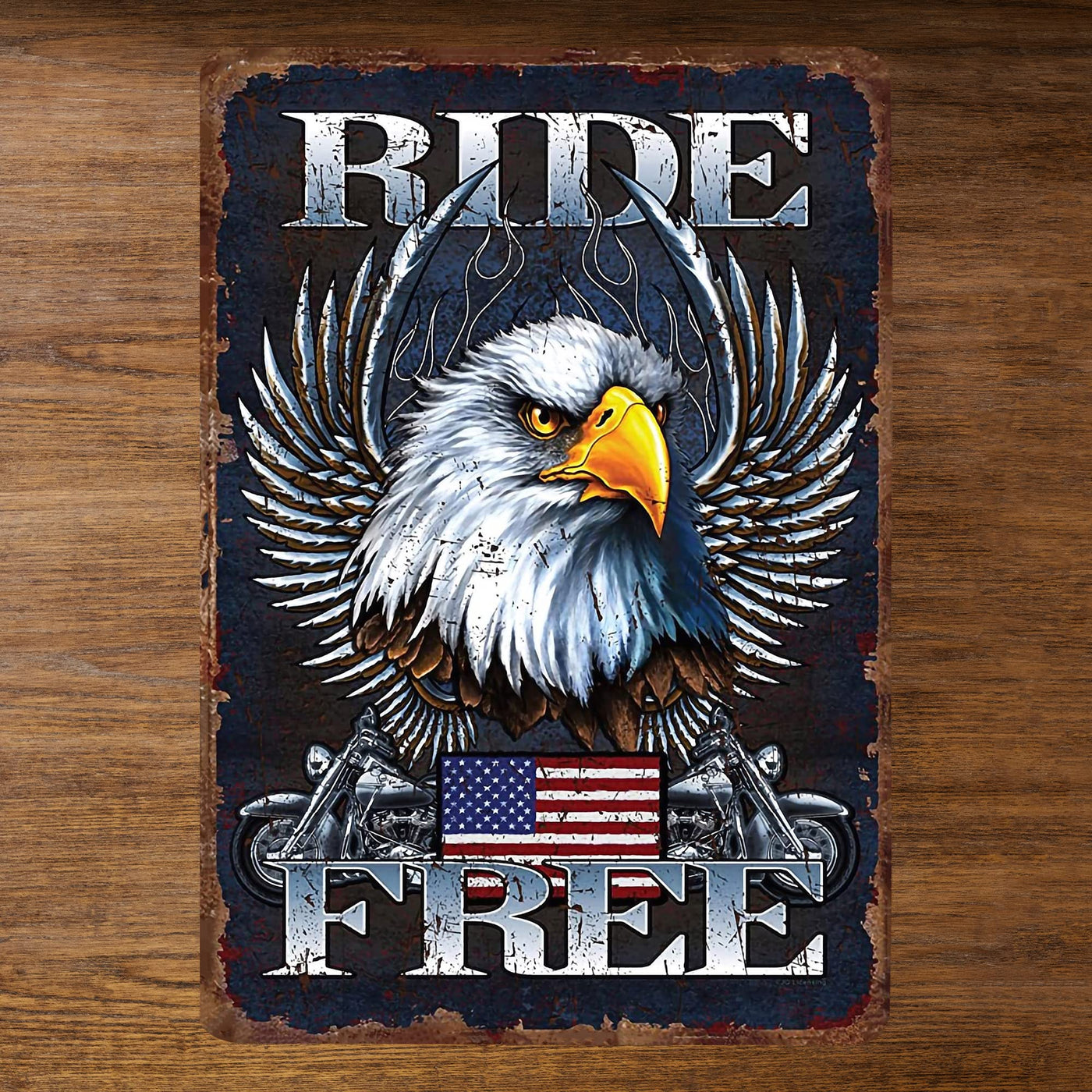 Ride Free Metal Wall Art Vintage Motorcycle Sign -8 x 12 Inch Rustic Patriotic American Eagle Garage Sign for Bar, Man Cave, Shop - Retro Tin Biker Sign -Great Gift for Home, Outdoor Decor!