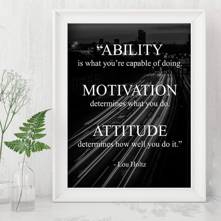 Lou Holtz Quotes-"Ability-Motivation-Attitude" Motivational Wall Art -8 x 10" Modern Typographic Print-Ready to Frame. Inspirational Home-Office-Work-Gym-Football Decor. Great Gift for Coach!