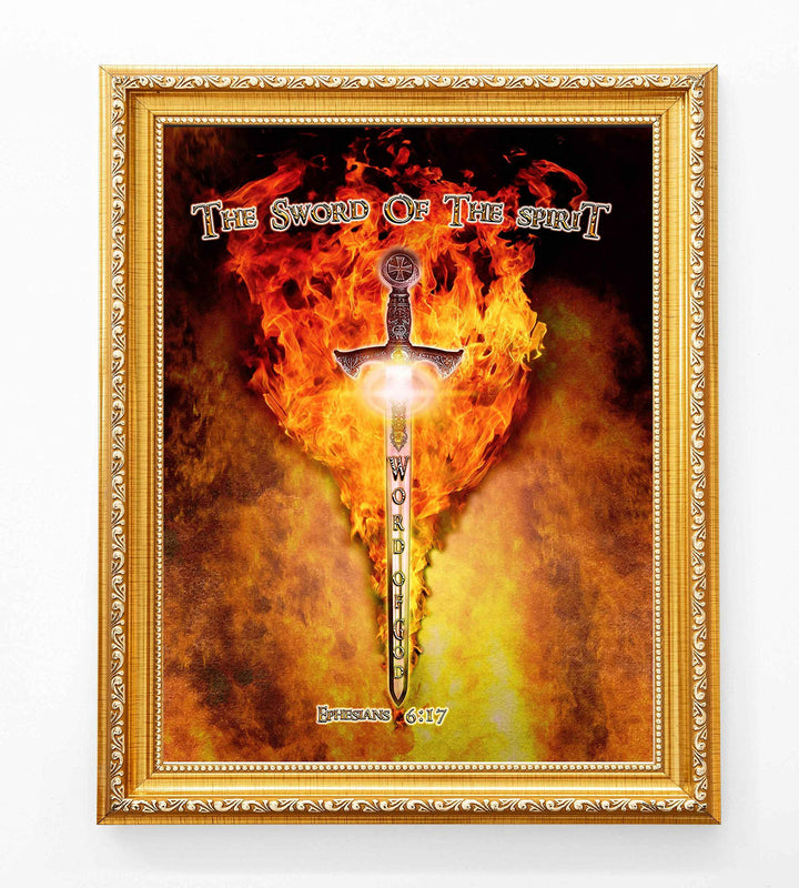 The Sword of the Spirit-Word of God-Ephesians 6:17-Bible Verse Wall Art-8 x 10"-Ready to Frame. Scripture Wall Print w/Replica Metal Sword &amp; Fire. Home-Office-Church D?cor. Perfect Christian Gift!