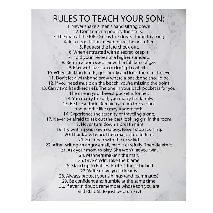 Rules To Teach Your Son Motivational Family Wall Art Sign -11 x 14" Modern Typographic Wall Decor-Ready to Frame. Fun &amp; Inspirational Keepsake for Any Son. Great Graduation Gift!