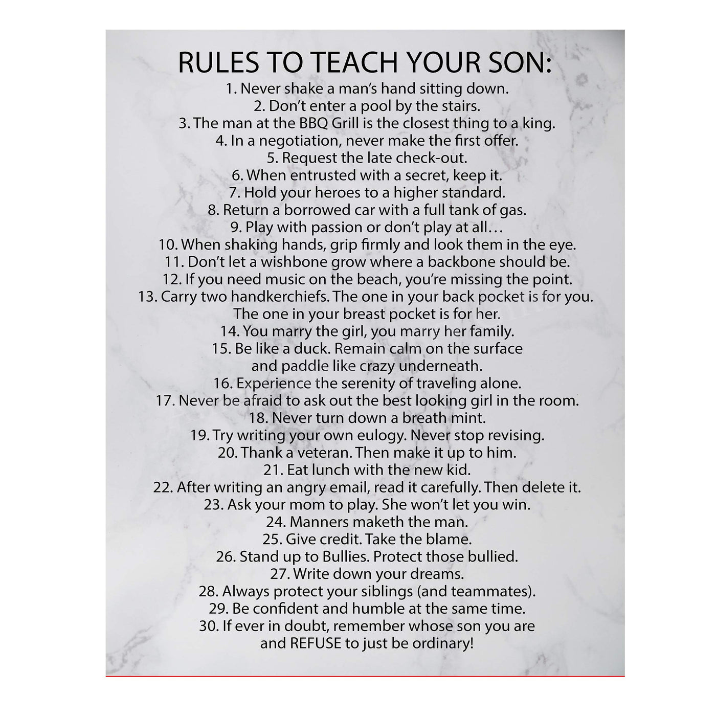 Rules To Teach Your Son Motivational Family Wall Art Sign -11 x 14" Modern Typographic Wall Decor-Ready to Frame. Fun & Inspirational Keepsake for Any Son. Great Graduation Gift!