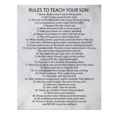 Rules To Teach Your Son Motivational Family Wall Art Sign -11 x 14" Modern Typographic Wall Decor-Ready to Frame. Fun & Inspirational Keepsake for Any Son. Great Graduation Gift!