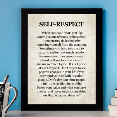 Self-Respect-Know Your Value Inspirational Quotes Wall Art Sign -8 x 10" Distressed Poster Print-Ready to Frame. Motivational Home-Office-School-Dorm Decor. Great Reminder to Inspire Self-Worth!