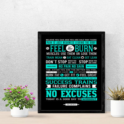 Feel the Burn-No Excuses Motivational Quotes Exercise Wall Sign -11 x 14" Inspirational Fitness Poster Print-Ready to Frame. Positive Decor for Home-Gym-Weight Room. Great Gift of Motivation!