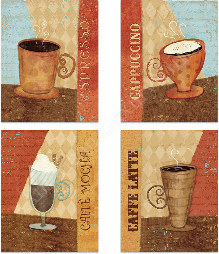 Coffee Fine Art Wall Set of (4)- 8 x 10"s Wall Art Prints- Ready to Frame. Latte, Espresso, Cappuccino &amp; Mocha Home D?cor, Coffee Decor &amp; Kitchen Wall Decor. Perfect For Coffee Lovers &amp; Coffee Bars.