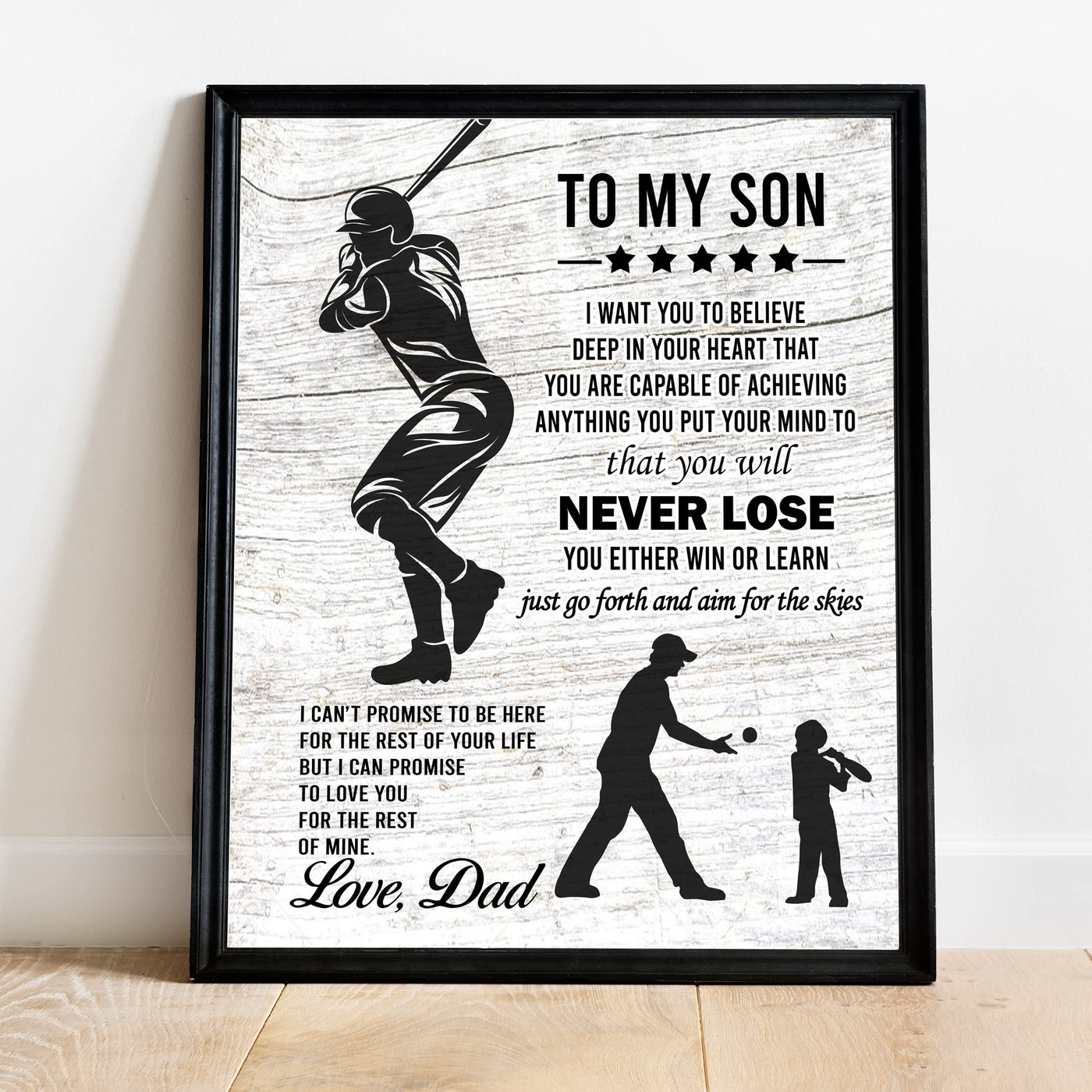 "To My Son -Never Lose- Win or Learn" Inspirational Family Wall Art Sign -11x14" Typographic Sports Poster Print -Ready to Frame. Loving Message for Any Son. Great Keepsake Gift Love Dad!