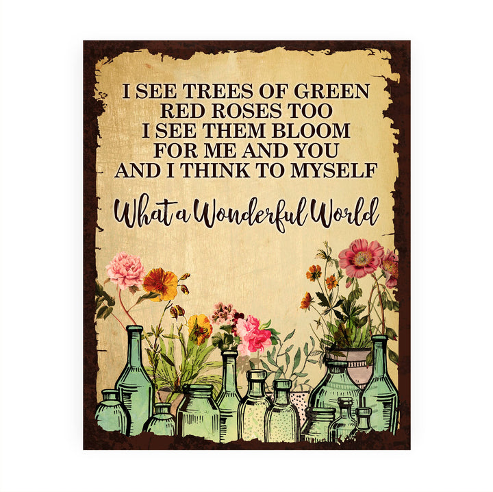 What A Wonderful World Song Lyric Wall Art -8 x 10" Floral Music Lyrics Print -Ready to Frame. Rustic Wood Design Decor for Home-Studio-Bar-Man Cave. Great Gift for Louie Armstrong &amp; All Jazz Fans!