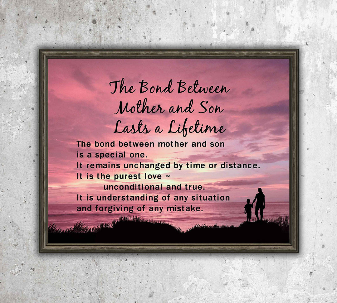 Bond Between Mother &amp; Son Lasts A Lifetime Inspirational Wall Art Sign -10 x 8" Typographic Poster Print-Ready to Frame. Lifetime Keepsake for Any Son On Any Occasion. Great Graduation Gift!