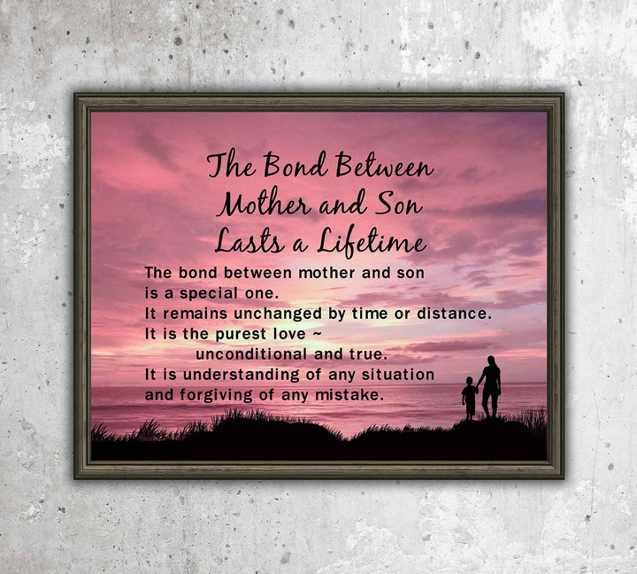 Bond Between Mother &amp; Son Lasts A Lifetime Inspirational Wall Art Sign -10 x 8" Typographic Poster Print-Ready to Frame. Lifetime Keepsake for Any Son On Any Occasion. Great Graduation Gift!