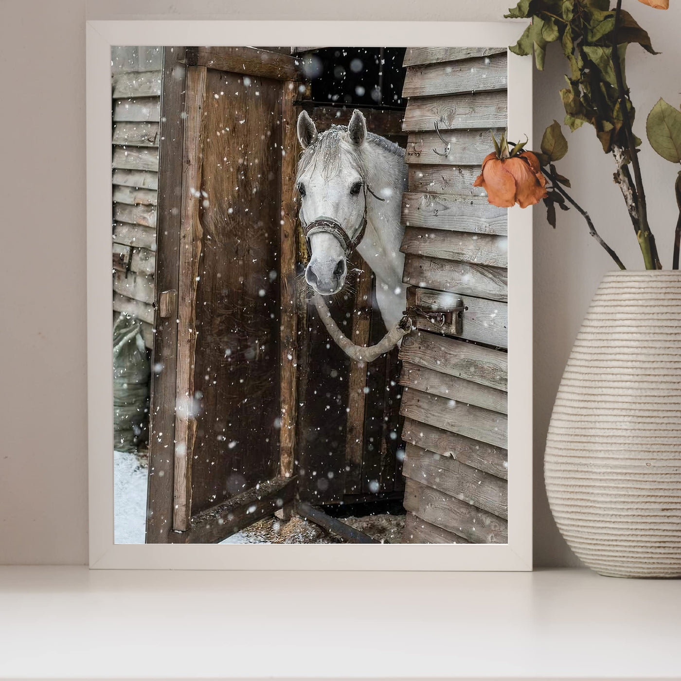 White Horse Peeking Out at the Snow- 8 x 10" Beautiful Country Photo Print Wall Art-Ready to Frame. Home-Office-Bar Decor for Equestrian Themes & Children's Bedroom. Perfect Gift-Horse Lovers.