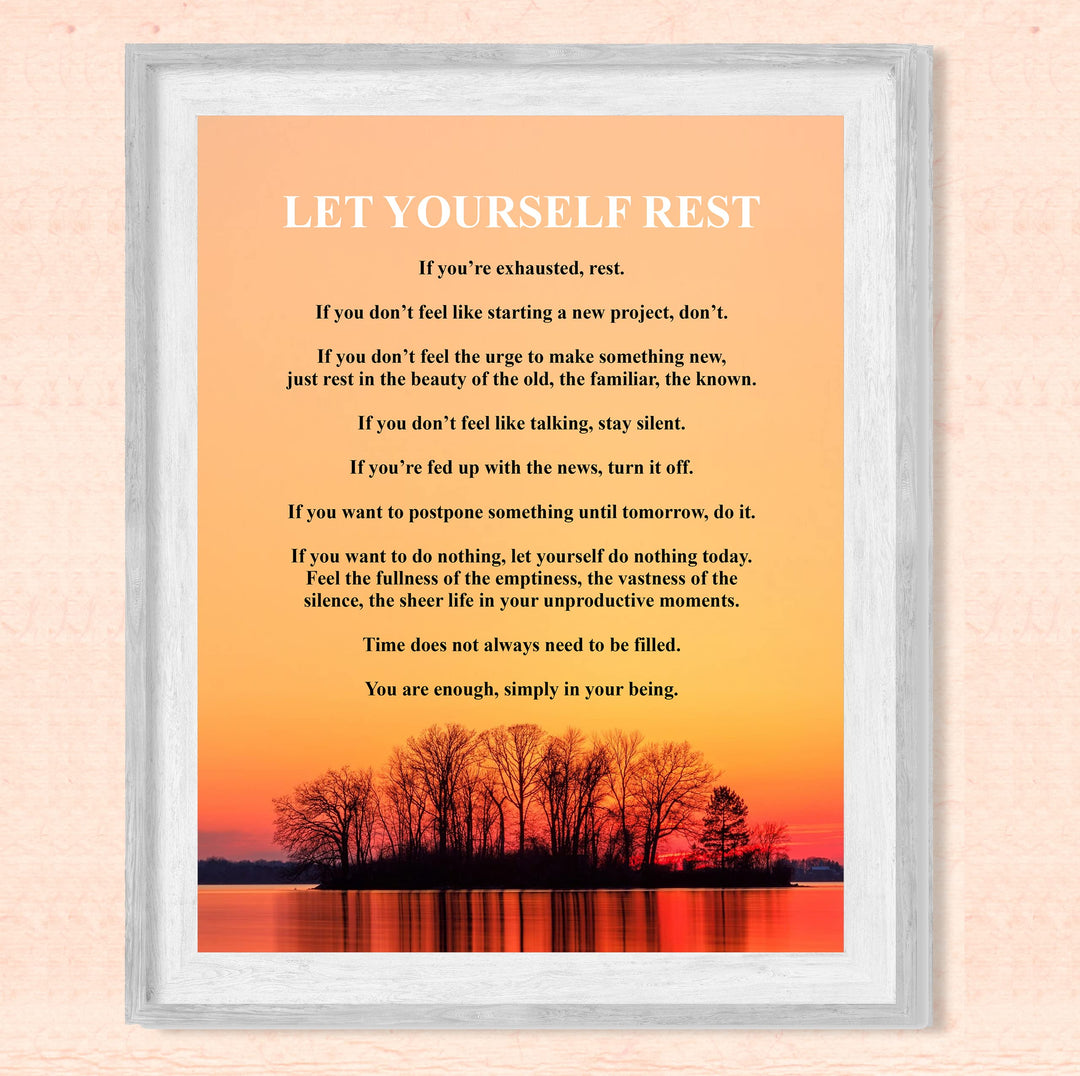 Let Yourself Rest Inspirational Quotes Wall Art -8 x 10" Peaceful Lake Sunset Photo Print -Ready to Frame. Motivational Decoration for Home-Office-Cabin-Lodge Decor. Great Gift for Inspiration!