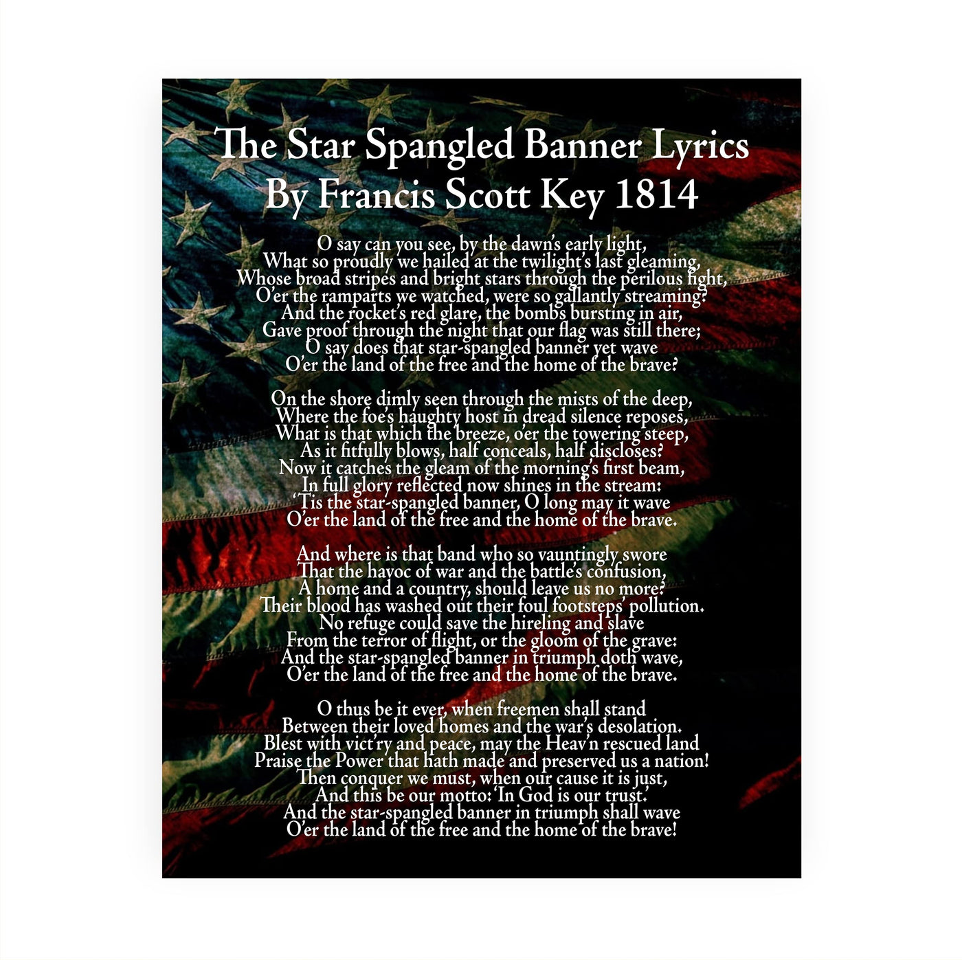 "Star Spangled Banner Lyrics"-National Anthem Song Art Wall Decor -11 x 14" American Flag Poster Print-Ready to Frame. Patriotic Home-Office-School-Garage-Cave-History Classroom Decor.