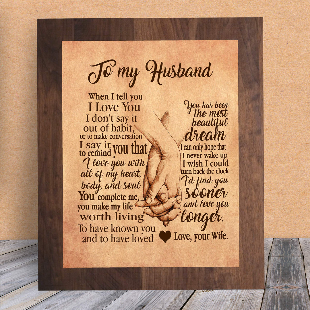 To My Husband-Love &amp; Marriage Wall Art Decor -8 x 10" Distressed Parchment Print with Holding Hands Image-Ready to Frame. Loving Keepsake for Spouses, Newlyweds. Perfect Wedding-Anniversary Gift!