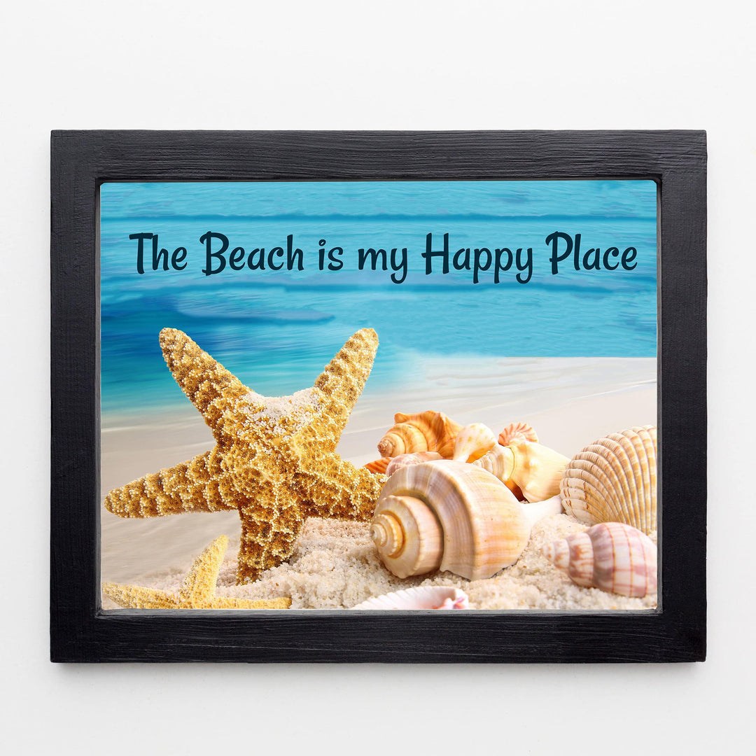 The Beach Is My Happy Place- Ocean Themed Wall Art Decor -10 x 8" Sea Shells &amp; Starfish in the Sand Picture Print -Ready to Frame. Fun Coastal Decoration for Home-Office-Beach House Decor.