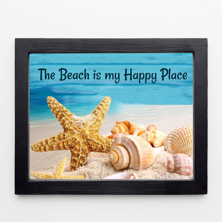 The Beach Is My Happy Place- Ocean Themed Wall Art Decor -10 x 8" Sea Shells &amp; Starfish in the Sand Picture Print -Ready to Frame. Fun Coastal Decoration for Home-Office-Beach House Decor.