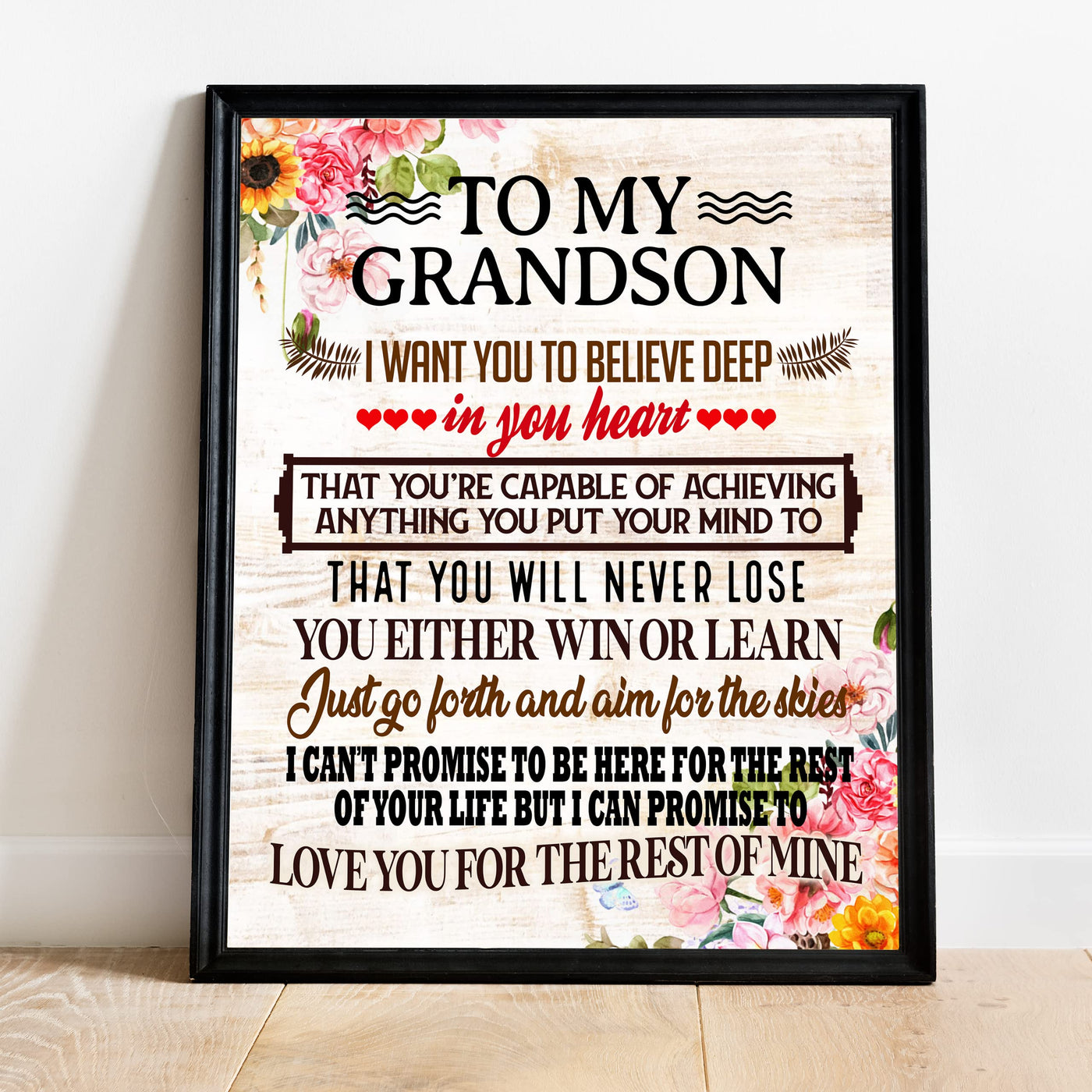 "To My Grandson -Aim For the Skies" Inspirational Love & Family Wall Art Decor -8x10" Rustic Floral Typography Print-Ready to Frame. Home-Bedroom-Office Decoration. Great Gift for Grandsons!