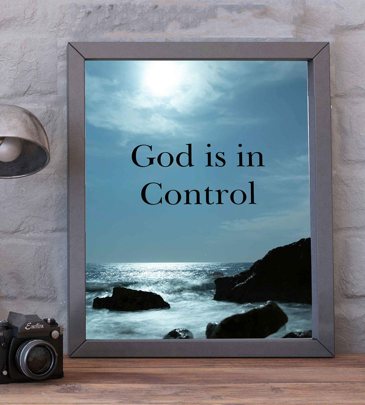 God Is In Control?-Inspirational Christian Wall Art-8 x 10 Typographic Print with Ocean Photo-Ready to Frame. Religious Decor for Home-Office-Church. Great Spiritual Gift &amp; Reminder to Have Faith!