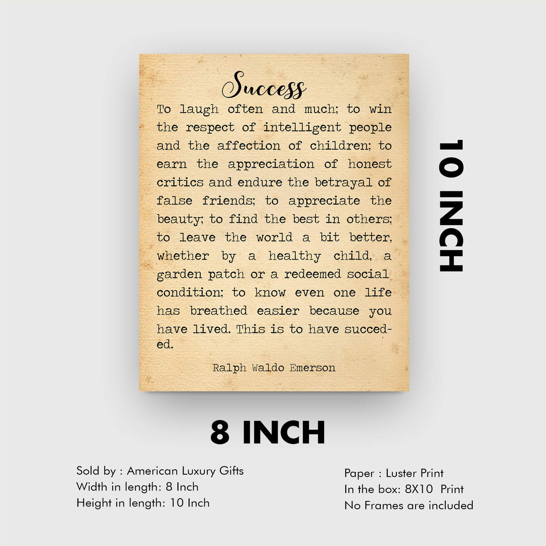Success-To Laugh Often and Much-Ralph Waldo Emerson Poem Page Print- 8 x 10" Poetic Wall Art. Distressed Parchment Print-Ready To Frame. Home-Office-Study-School Decor. Great Gift for Poetry Fans!