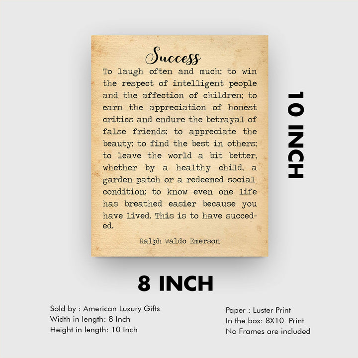 Success-To Laugh Often and Much-Ralph Waldo Emerson Poem Page Print- 8 x 10" Poetic Wall Art. Distressed Parchment Print-Ready To Frame. Home-Office-Study-School Decor. Great Gift for Poetry Fans!