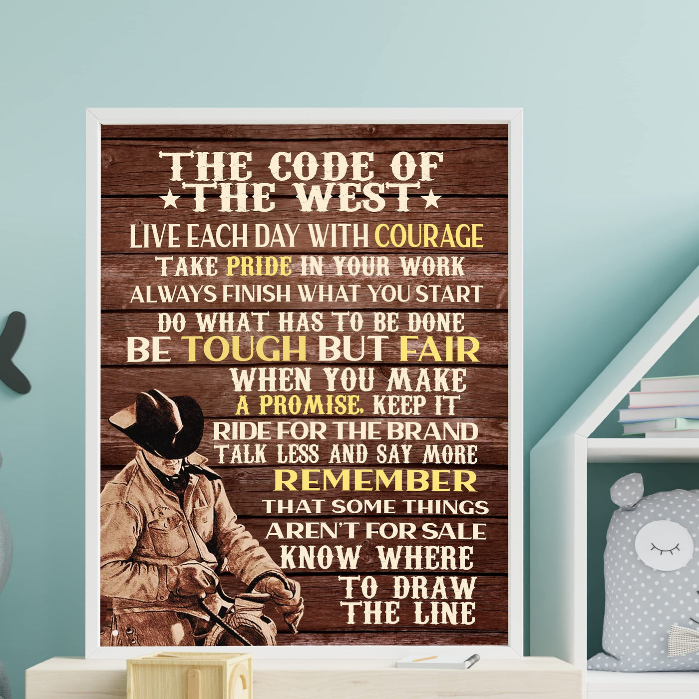 Code of the West Inspirational Cowboys Wall Art -11x14" Country Rustic Western Print w/Cowboy Riding Horse Image -Ready to Frame. Farmhouse Decoration for Home-Office-Barn Decor. Great Gift!