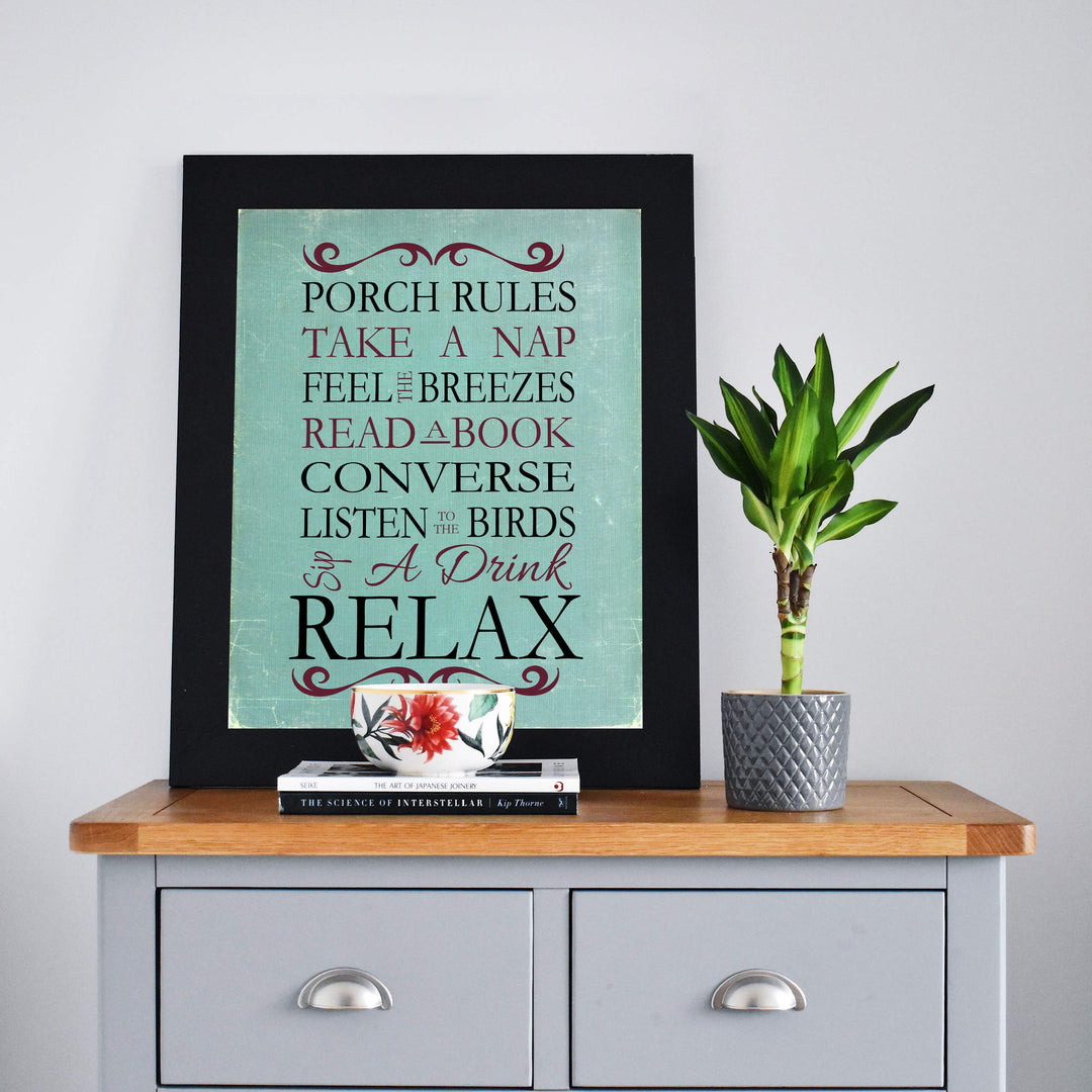 Porch Rules Home Sign Print-8 x 10" Wall Decor Print- Ready to Frame. Distressed Sign Replica Print for Beach-Deck-Cabin-Lake House Decor. Fun Relaxation Quips &amp; Sayings. Great Housewarming Gift!