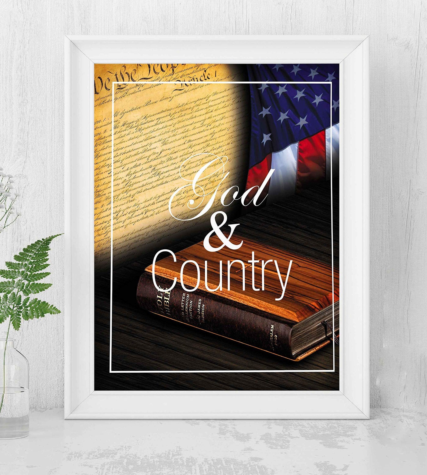 God and Country- 8 x 10" Wall Decor Image-Ready To Frame. Pro-American Poster Print with Flag-Bible-Constitution. Patriotic Decor for Home-Office-Garage-Bar. Show Your Love of God and USA!