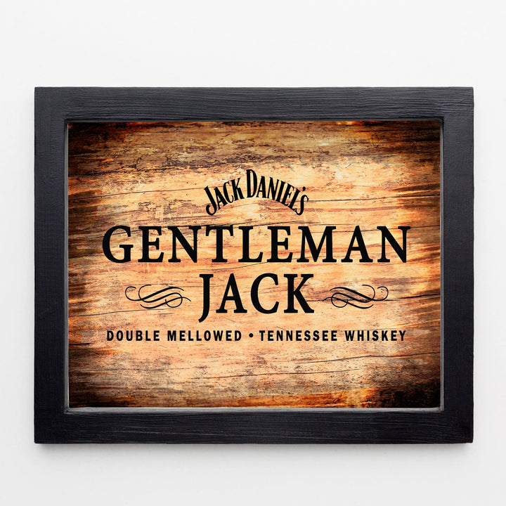 "Gentleman Jack"- Tennessee Bourbon Whiskey Wall Art - Rustic Wood Design Alcohol Print -Ready to Frame. Home-Kitchen-Bar-Man Cave Decor. Great Gift for All Liquor Drinkers!