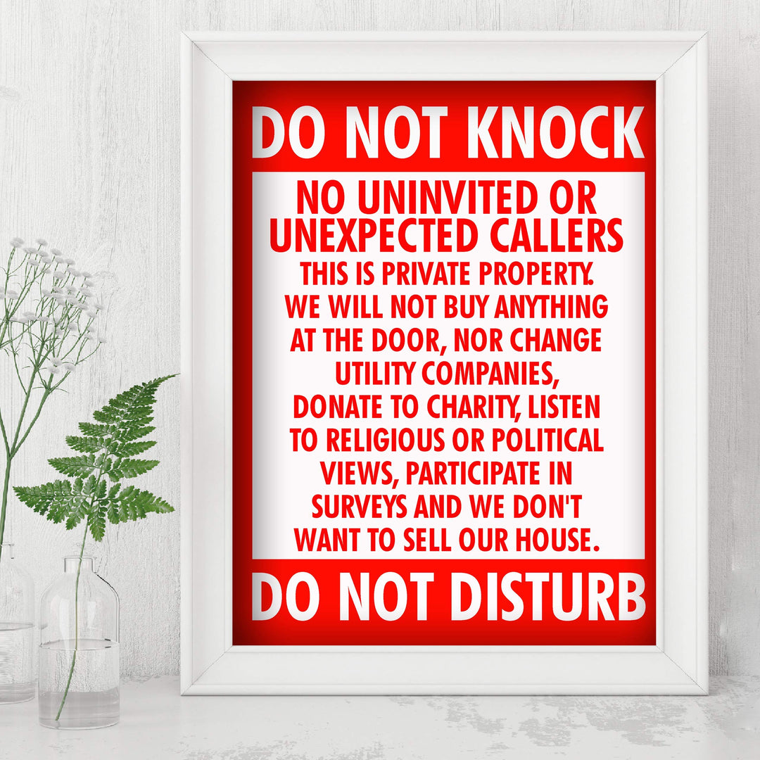 Do Not Knock-Do Not Disturb Funny No Soliciting Front Door Sign-8 x 10" Sarcastic Wall Art Print-Ready to Frame. Home-Office-Welcome-Man Cave Decor. Great Novelty Sign-Fun Gift!