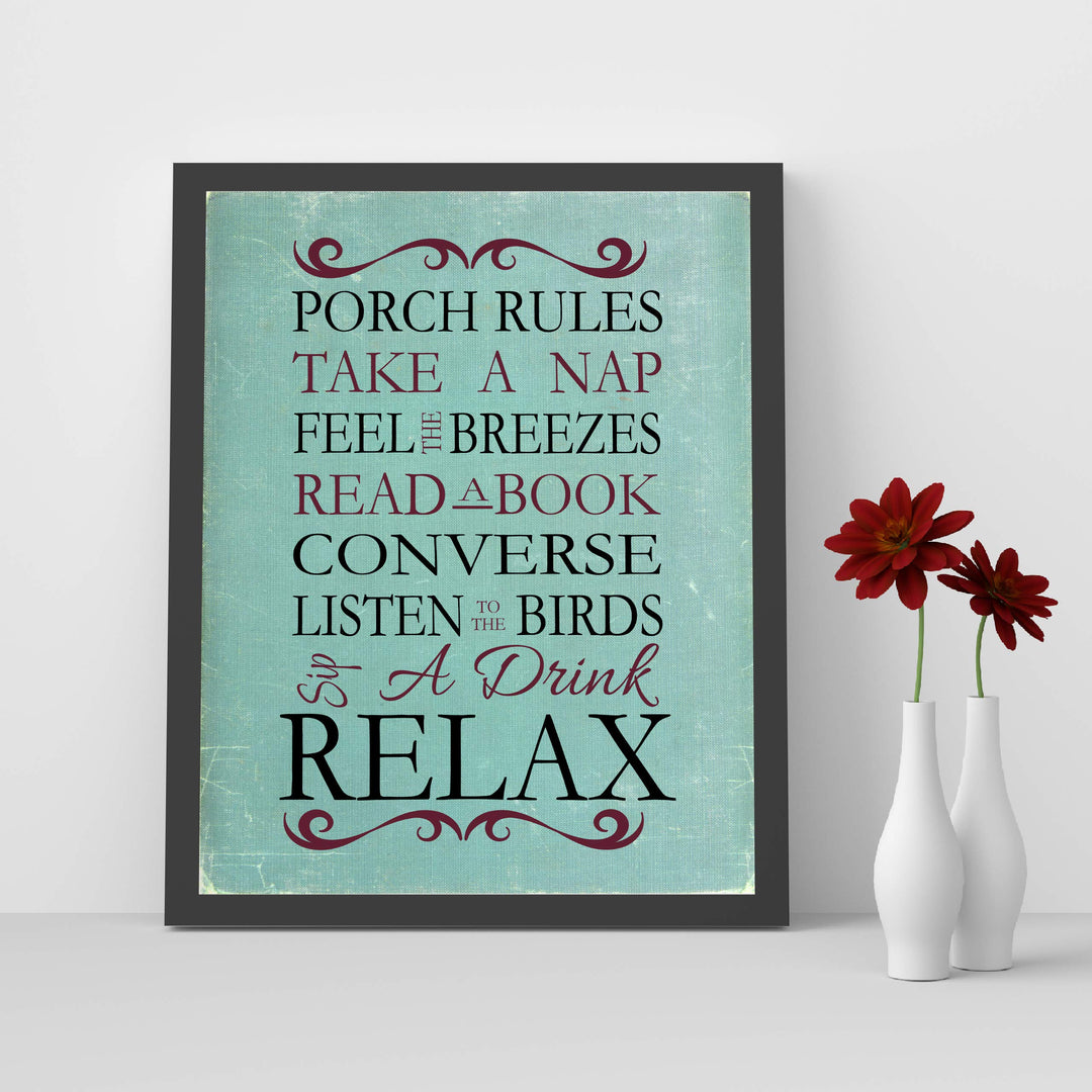 Porch Rules Home Sign Print-8 x 10" Wall Decor Print- Ready to Frame. Distressed Sign Replica Print for Beach-Deck-Cabin-Lake House Decor. Fun Relaxation Quips &amp; Sayings. Great Housewarming Gift!
