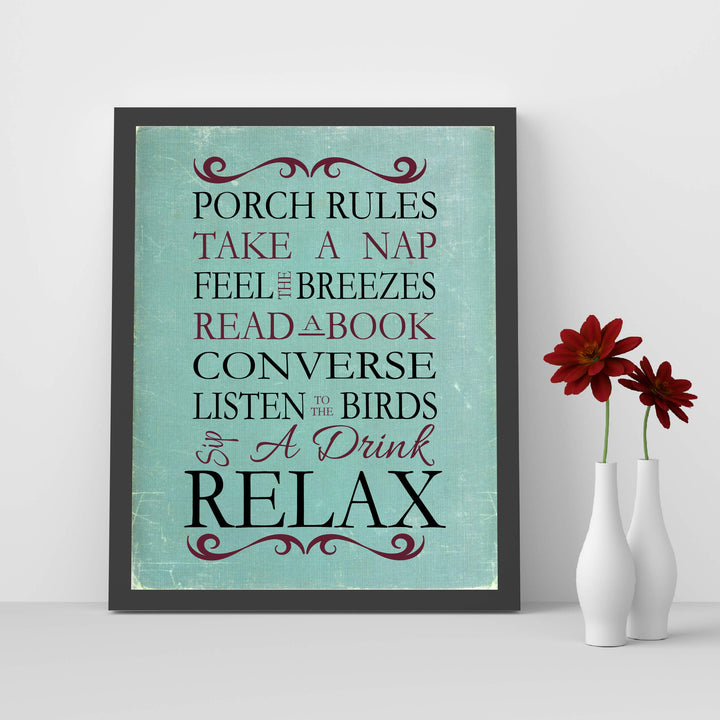 Porch Rules Home Sign Print-8 x 10" Wall Decor Print- Ready to Frame. Distressed Sign Replica Print for Beach-Deck-Cabin-Lake House Decor. Fun Relaxation Quips &amp; Sayings. Great Housewarming Gift!