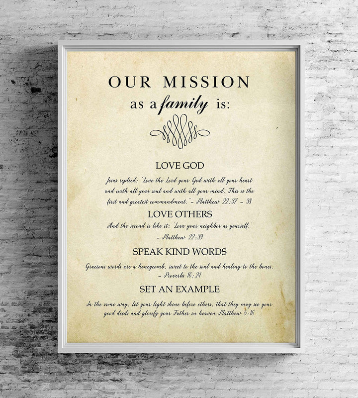 Our Mission-Bible Verse Wall Art Sign-8 x 10" Scripture Poster Print w/Replica Distressed Parchment Design-Ready to Frame. Christian Wall Decor for Home-Office-Church. Perfect Religious Keepsake!