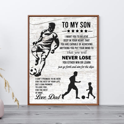 "To My Son -Never Lose- Win or Learn" Inspirational Family Wall Art Sign -11x14" Typographic Sports Poster Print -Ready to Frame. Loving Message for Any Son. Great Keepsake Gift Love Dad!