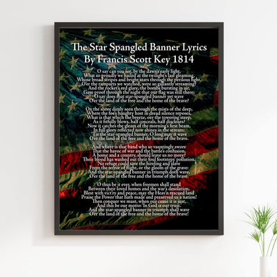 "Star Spangled Banner Lyrics"-National Anthem Song Art Wall Decor -11 x 14" American Flag Poster Print-Ready to Frame. Patriotic Home-Office-School-Garage-Cave-History Classroom Decor.