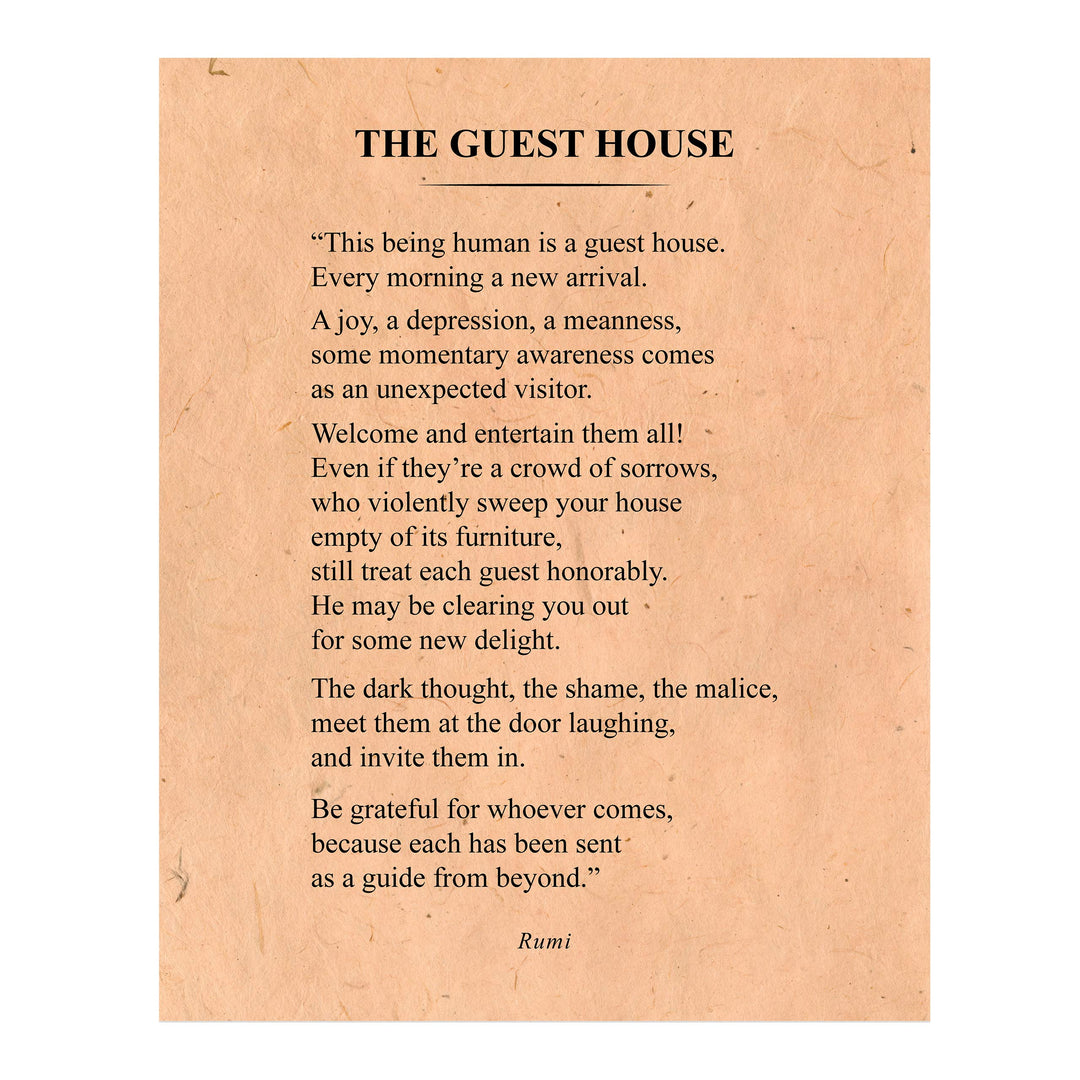 The Guest House-Be Grateful for Whoever Comes-Rumi Book Page Print-11 x 14" Literary Wall Art Quotes w/Replica Distressed Parchment Design-Ready To Frame. Inspirational Home-Office-Spiritual Decor!