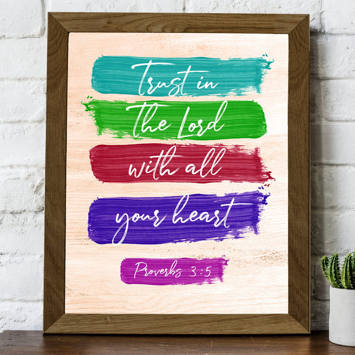 Trust In the Lord With All Your Heart- Bible Verse Wall Art -8 x 10" Scripture Painting Design Print -Ready to Frame. Inspirational Home-Office-Church Decor. Great Religious Gift! Proverbs 3:5