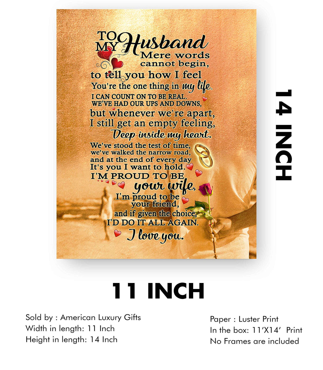 To My Husband-I Love You-Poetic Wall Art Decor-11 x 14" Love &amp; Marriage Poem Print-Ready to Frame. Romantic Gift for Spouse-Partner-Newlyweds. Perfect for Wedding-Anniversary-Father&
