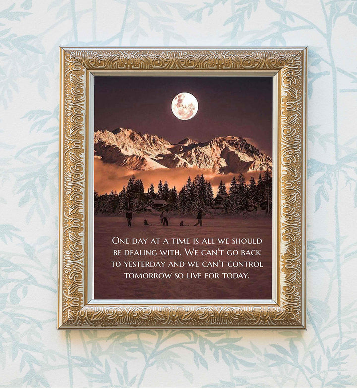 One Day at a Time-Live for Today-Life Quotes Wall Print-8 x 10" Inspirational Wall Art-Ready to Frame. Modern Photo Print w/Moon &amp; Snowy Mountain Landscape. Perfect Home-Office-School Decor.