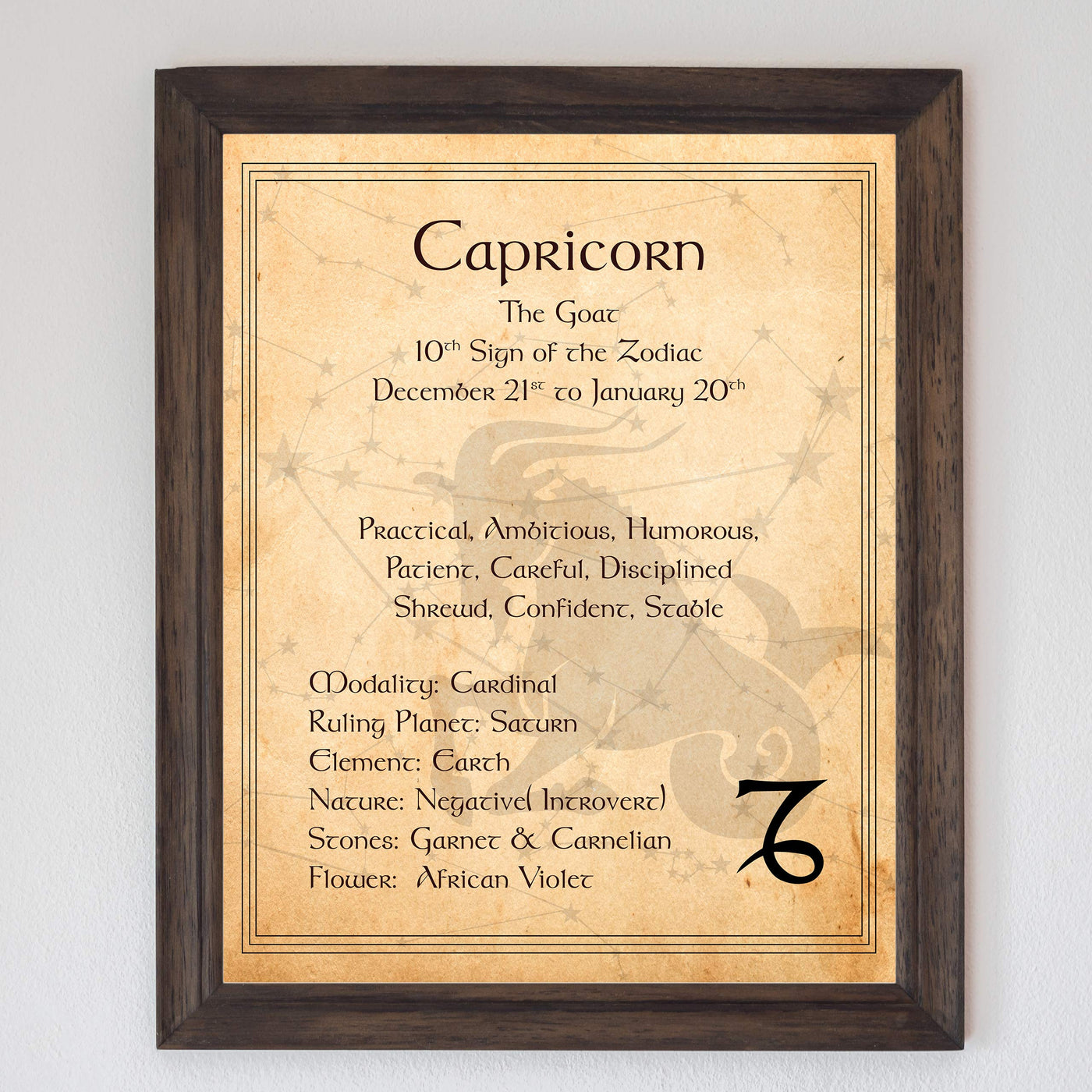 Capricorn-The Goat- Zodiac Sign Wall Art. 8 x 10" Print Wall Print-Ready to Frame. Constellation Design-Astrology Decor for Home-Office-Bedroom. Horoscope's Adjectives-Primary Elements. Great Gift!