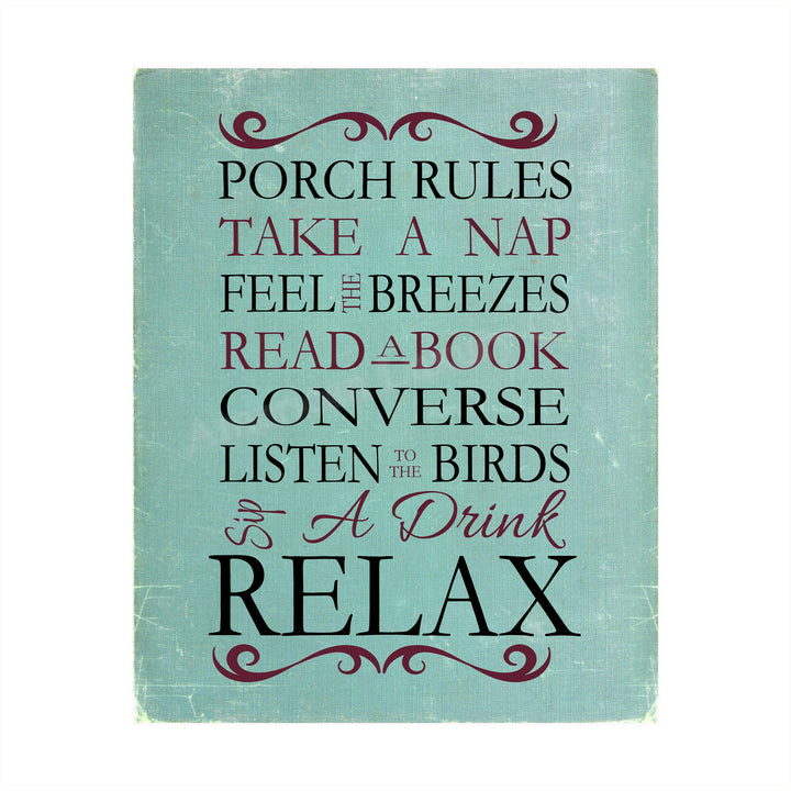 Porch Rules Home Sign Print-8 x 10" Wall Decor Print- Ready to Frame. Distressed Sign Replica Print for Beach-Deck-Cabin-Lake House Decor. Fun Relaxation Quips &amp; Sayings. Great Housewarming Gift!