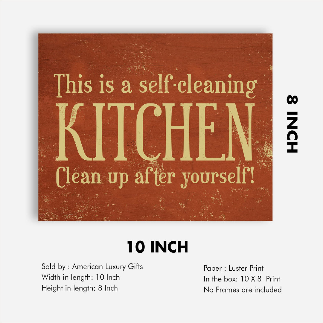 This Is a Self-Cleaning Kitchen Funny Rustic Wall Sign -10x8" Country Farmhouse Art Print w/Replica Wood Design-Ready to Frame. Humorous Home-Kitchen-Office Decor. Fun Gift! Printed on Photo Paper.