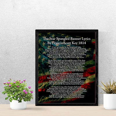 "Star Spangled Banner Lyrics"-National Anthem Song Art Wall Decor -11 x 14" American Flag Poster Print-Ready to Frame. Patriotic Home-Office-School-Garage-Cave-History Classroom Decor.