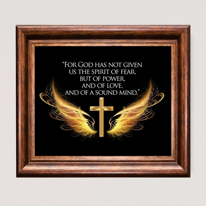 For God Has Given Us A Spirit of Power- 2 Timothy 1:7- Bible Verse Wall Art- 10 x 8" Scripture Wall Print w/Cross &amp; Angel Wings-Ready to Frame. Home-Office-Church Decor. Great Christian Gift!