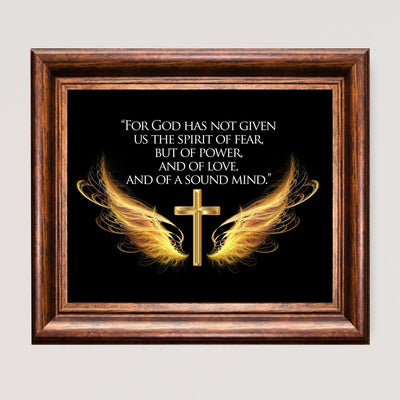 For God Has Given Us A Spirit of Power- 2 Timothy 1:7- Bible Verse Wall Art- 10 x 8" Scripture Wall Print w/Cross & Angel Wings-Ready to Frame. Home-Office-Church Decor. Great Christian Gift!