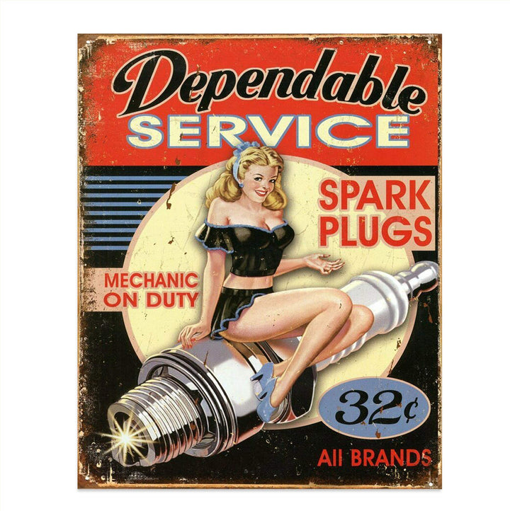 Dependable Service-Spark Plugs-32?- Vintage Garage Sign Print-8 x10" Retro Wall Decor-Ready To Frame. Distressed Sign Replica Print. Great Mens Gift Home-Office Decor. Great for Man Cave-Shop.