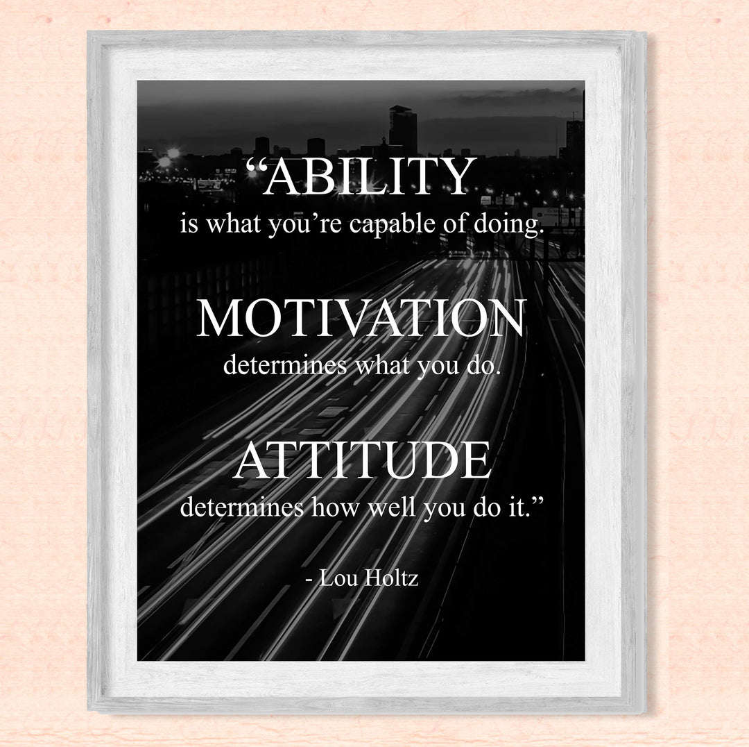 Lou Holtz Quotes-"Ability-Motivation-Attitude" Motivational Wall Art -8 x 10" Modern Typographic Print-Ready to Frame. Inspirational Home-Office-Work-Gym-Football Decor. Great Gift for Coach!